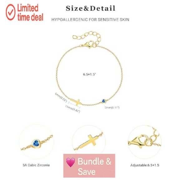 14K Gold Plated Cross Birthstone Bracelet, Adjustable, Religious Gift - Picture 3 of 8